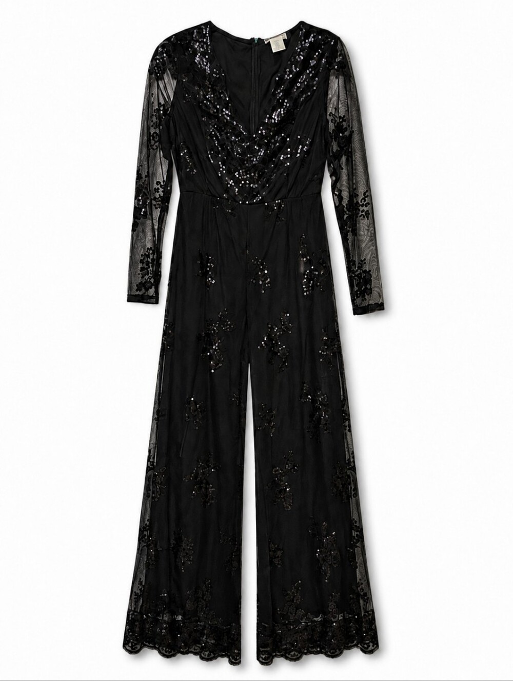 Altar'd State Black Sequin Lace Formal Flare Wide Legged Flowy Jumpsuit NWT - Picture 2 of 12